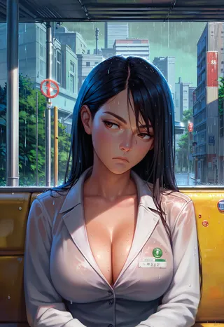 Anime-style girl with black long hair and brown eyes wearing a wet business suit, sitting seriously at a rainy city bus stop.