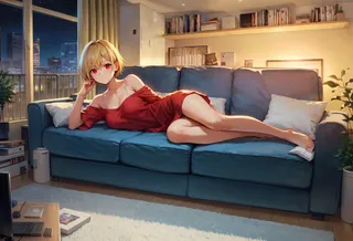 Anime girl with blonde hair and red eyes lounging on a blue couch at night in a cozy living room, wearing a red shirt.