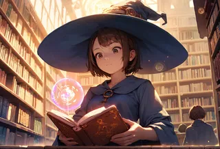 A young witch with short brown hair and brown eyes wearing a large blue witch hat and robe is reading an open magical book in a sunlit library, with a glowing orb floating nearby.