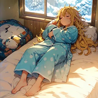 Sleeping blonde-haired girl in blue polka dot pajamas on a bed near a snowy window, resting peacefully with closed eyes.