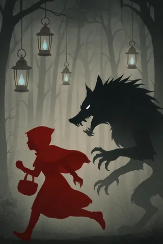 Silhouette of Little Red Riding Hood in red fleeing through a foggy forest while chased by a shadowy terrifying Big Bad Wolf, with hanging copper lanterns glowing blue.