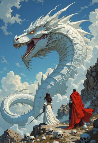 A colossal white dragon with fierce glowing eyes and open mouth confronts a woman in a flowing white gown holding a sword and a man in a red cloak on rocky terrain scattered with skulls under a bright blue sky with clouds.