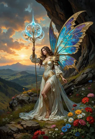 A beautiful princess dressed in ornate white and gold robes stands barefoot on a rocky terrain at sunset. She holds a glowing staff and has large, colorful butterfly wings. The foreground features vivid flowers, and the background reveals a majestic sunset over rolling hills and mountains.
