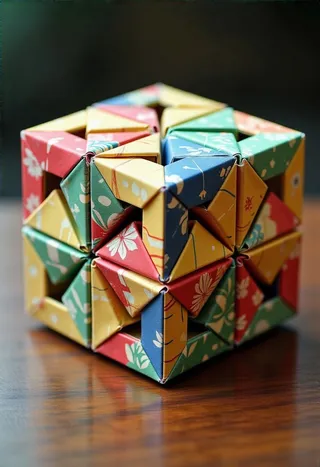 A colorful, unsolved Rubik's cube crafted from intricately folded origami paper featuring traditional Japanese patterns and designs.