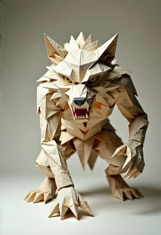 Intricate origami sculpture of a werewolf mid-transformation, crafted using traditional Japanese paper folding techniques.