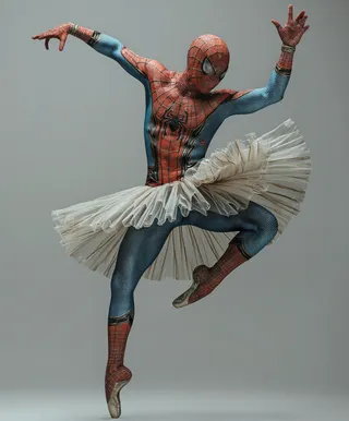 A ballet dancer in mid-air wearing a red and blue Spider-Man costume paired with a white tulle skirt, captured in a dynamic ballet pose against a plain grey background.