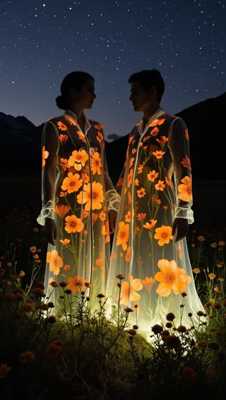 Two silhouetted figures of a man and woman wearing glowing translucent gowns adorned with vibrant orange flowers, standing close in a field of wildflowers under a starry night sky with mountains in the background.
