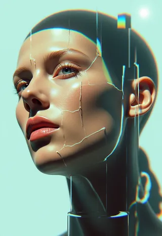 Photorealistic experimental portrait showing a head fractured like broken mirror pieces, composed of various facial features creating a surreal collage effect.