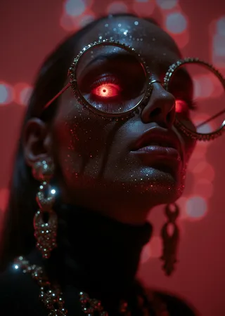 Close-up of a 3D rendered female monster character with detailed dark horror face, glowing red eyes behind ornate glasses, sparkling black skin, and large jeweled earrings, set against a red abstract background.