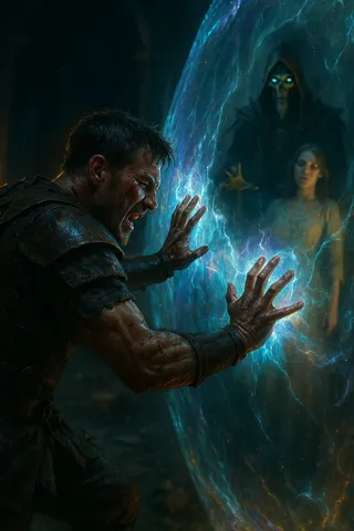 A battle-worn hero tries to break through a glowing magical barrier, with a sinister lich wizard and his unconscious wife visible behind it in a dark throne hall.