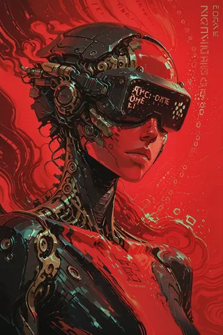 A cyberpunk android with a head-mounted display and mechanical arms, set against a vivid red background with binary code and digital effects.