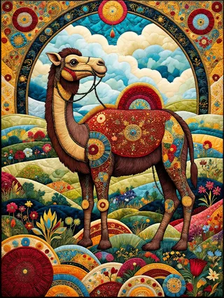 Colorful embroidered quilting artwork depicting a Bactrian camel adorned with ornate patterns in a vibrant floral landscape under a bright sky.