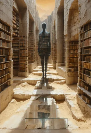 An underground library with stone shelves filled with books, a humanoid figure of reversed shadows stands in the center, sand covers the floor, desert sky visible through cracks.
