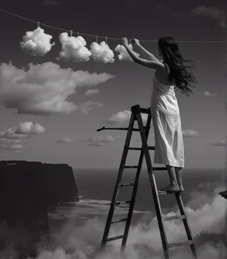 A black and white photo of a woman with long black hair standing barefoot on a wooden ladder, dressed in a white dress, reaching towards fluffy white clouds hanging on a clothesline against a cloudy sky and distant cliff.