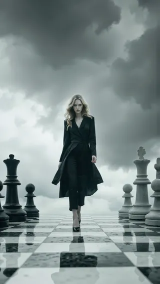 A mysterious woman in a black dress walks confidently on a large chessboard surrounded by chess pieces under a dramatic stormy sky with dark clouds.