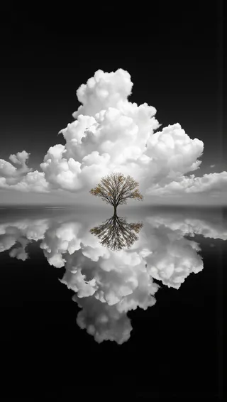 A lone tree stands in the center of still water, with its reflection perfectly mirroring the fluffy white clouds and dark black sky above, creating a surreal and dramatic landscape.