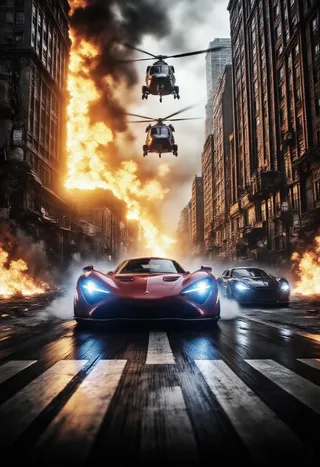Two sleek race cars speeding down a wet urban street in a war-torn city with towering burning buildings and two military helicopters hovering overhead amidst thick smoke and explosions.