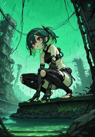 A crouching robot girl with green hair and red eyes in a toxic green alien landscape, surrounded by ruined structures and acid rain.
