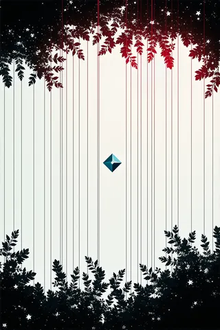 Futuristic black and white image featuring metallic lines extending downward surrounded by dense foliage with red gradients and a blue pulsating diamond in the center.