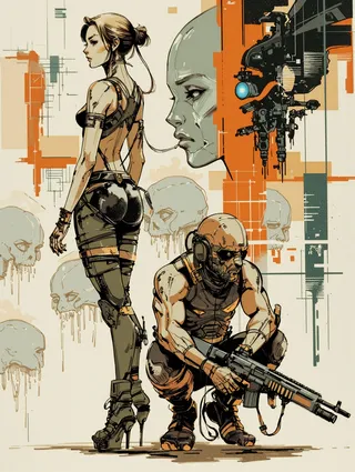 Dynamic sci-fi illustration of a tall woman in a tight futuristic outfit with high heels and a crouching muscular man armored and holding a weapon, both surrounded by cybernetic and robotic sketches in a muted color palette.