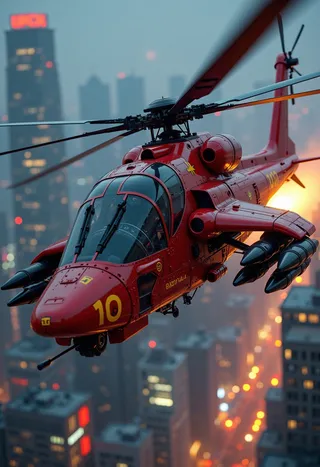 A sleek, futuristic crimson attack helicopter with yellow military insignia and rockets flies over a neon-lit cyberpunk city at night with motion blur on its propeller blades.