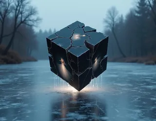 A fractured black cube floating inches above a frozen lake, emitting faint white mist from its cracks. The cube's surfaces display flickering holographic images of women and flying birds. The ice beneath glows softly, casting shadows, with bent trees in the background.