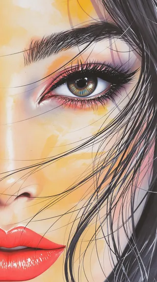 Extreme closeup of a stunning oriental young woman's eye with dark eyeshadow, red lips, loose flowing black hair in a photorealistic watercolor style.