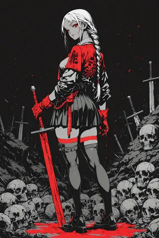 A monochrome female warrior with a long braided ponytail and red glowing eyes stands among numerous skulls and swords, holding a glowing red sword and wearing red gloves and thigh-highs.
