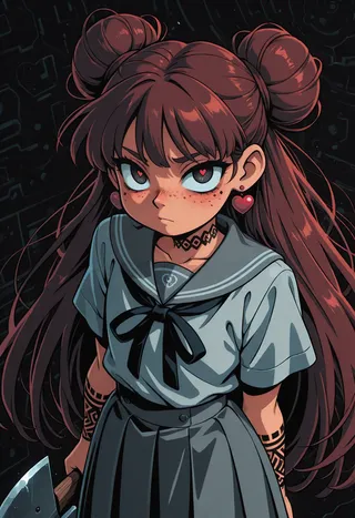 Anime girl with dark auburn hair in buns and long flowing style, wearing gray sailor collar and high-waist skirt, with heart earrings, traditional Japanese tattoos on chin and arms, holding an axe, detailed steel gray eyes with heart pupils, freckles on cheeks, set against a dark abstract techno background.
