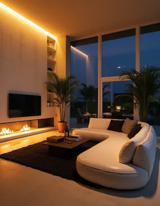 Brutalist style living room featuring warm LED lighting, white modern rounded sofas around a coffee table, black rug, fireplace with TV mounted above, large potted palm trees, and floor-to-ceiling windows showing night view.