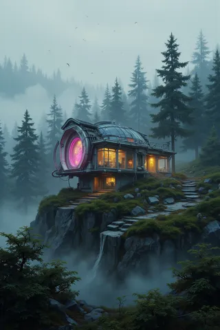 A futuristic house perched on a rocky hill surrounded by dense forest with mist and soft lighting from inside the house, featuring a waterfall below.