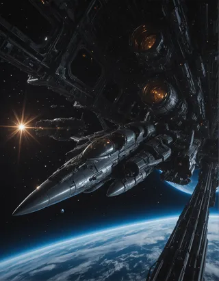 A fleet of futuristic spacecraft with dark metallic textures and glowing engine thrusters positioned in tactical formation above Earth's blue horizon in low Earth orbit.