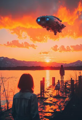 A weathered wooden pier at golden hour extends into a calm lake, with a serene woman in a denim jacket standing on it and a metallic starship with glowing blue engines hovering above against an orange sky.