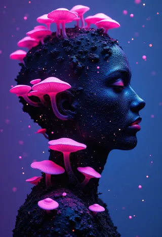 A surreal 3D digital artwork showing a dark blue textured profile silhouette with glowing pink bioluminescent mushrooms growing from the head and neck against a purple-blue gradient background with particle light effects.