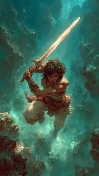 A determined warrior holding a glowing sword charges forward amidst an underwater fantasy environment filled with rocks and swirling light.