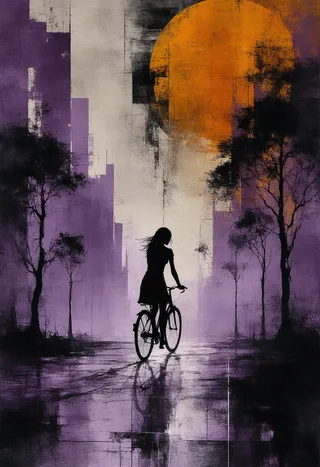 A silhouetted woman riding a bicycle through a fractured, dreamlike cityscape with purple hues and a large orange sun in the background.