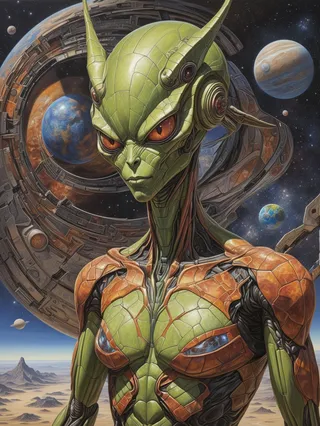 Portrait of a terrifying demon android with green and orange armor, set against an alien planetary backdrop with planets and a large ring structure, rendered in detailed hyperrealism with cubism influences.