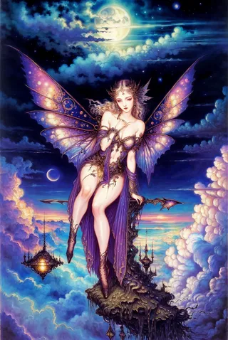 A captivating succubus with delicate purple wings perched on a dark, ornate floating rock above the clouds, illuminated by a glowing full moon in a mystical, moonlit sky.