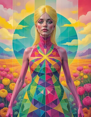 A female figure with blonde hair wearing a vibrant geometric dress standing in a colorful flower meadow with a psychedelic background and symmetrical circular patterns.
