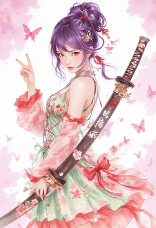 Digital illustration of a confident female warrior with purple hair styled in a top knot, wearing a floral-themed pastel green and red sundress, holding a katana with glowing script, surrounded by pink butterflies on a soft pastel background.
