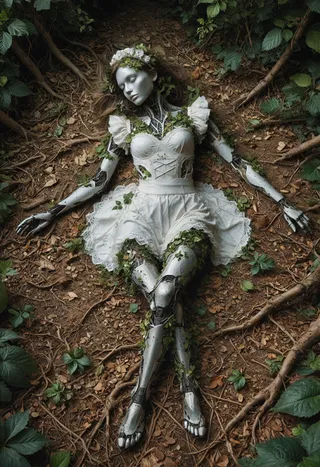 Photorealistic maid robot girl with foliage hair lying down on forest floor covered in roots and leaves, wearing a white lace dress adorned with leaves