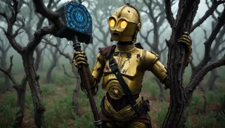 A female C-3PO with golden, battle-scarred armor and mechanical enhancements stands in a dense chaparral biome, holding a glowing war hammer and embracing a twisted tree branch under dim mystical light.