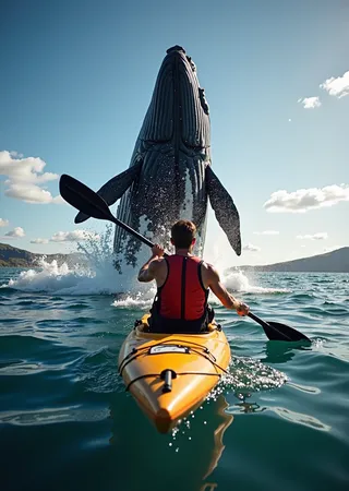 Man kayaking in yellow kayak with a large whale breaching the water right behind him, surrounded by splashing water and a bright blue sky.