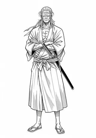 Black and white ink manga drawing of a blind old swordsman with long hair wearing a loose kimono and blindfold, arms crossed, with a sheathed sword at his side.
