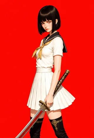 A fierce young woman with black bob-cut hair and intense gaze wearing a white sailor-style top and pleated skirt, holding a detailed katana against a vivid red background.