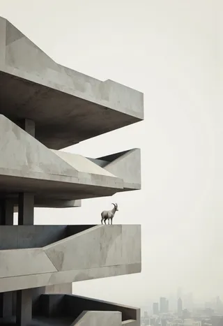 Low poly mountain goat standing on the edge of a stark brutalist concrete parking garage with a foggy city skyline in the background