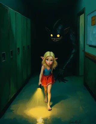 An elf cheerleader with blond hair and blue eyes walking barefoot in a dimly lit school hallway with a flashlight, a dark shadow monster lurking behind her with glowing eyes and sharp teeth.