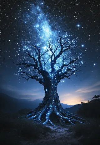 A glowing extraterrestrial tree with bioluminescent textures under a vast starry sky emitting an unearthly blue light.