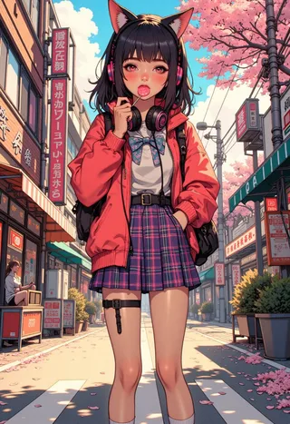 Anime girl wearing cat-ear headphones and a messy school uniform stands on a sunlit Tokyo street with cherry blossoms falling around her, holding a lollipop.