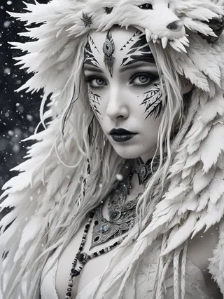 Black and white portrait of a winter goddess adorned with tribal black makeup, feathered headdress resembling a white wolf, and intricate jewelry, set against a snow storm background.